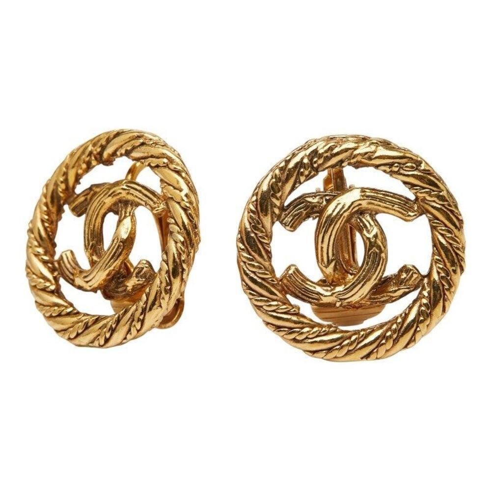Chanel CC Logo Round Earrings Gold Plated